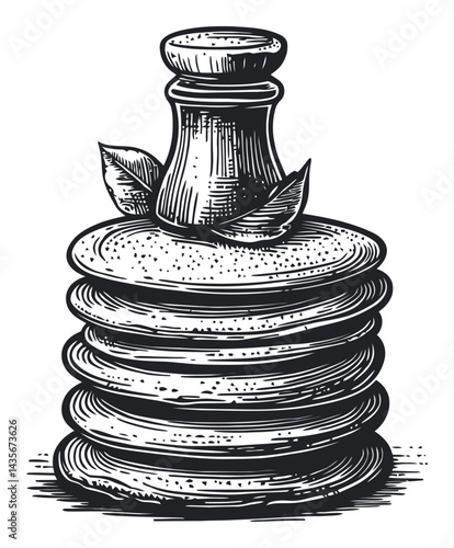 Vintage Woodcut Illustration of Stacked Stones with Leaves