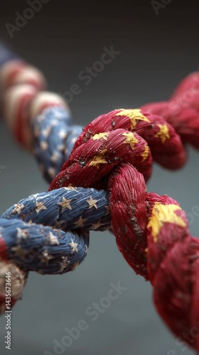 rope knot, flag tie, USA China, tight bond, trade knot, tension pull, unity clash, twisted flags, detailed texture, high-resolution 8k photo with soft blur background.