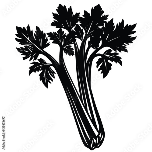  Black silhouette of a celery stalk on a white background
