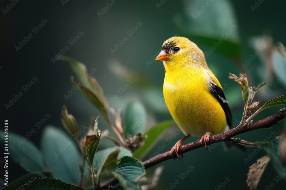 Vibrant Gold Finch Resting on a Branch, Gazing Left Amongst Nature's Beauty Vibrant Gold Finch Resting on a Branch, Gazing Left Amongst Nature's Beauty