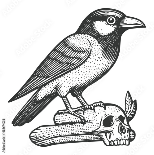 Vintage Woodcut Illustration of a Bird Standing on a Skull