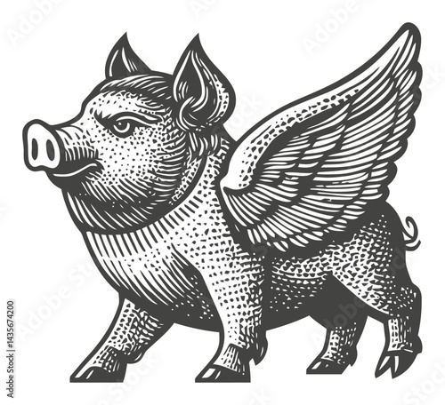 Vintage Woodcut Style Illustration of a Winged Pig