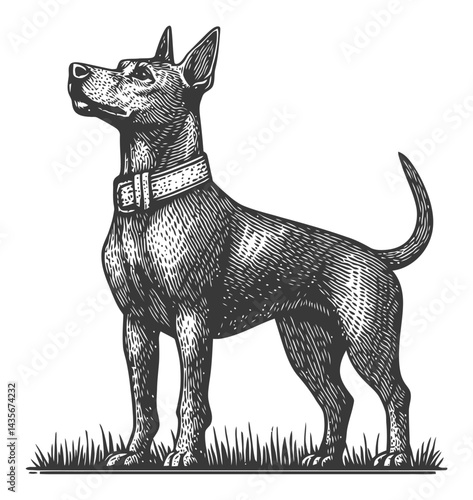Vintage Woodcut Style Illustration of a Standing Dog in Grass
