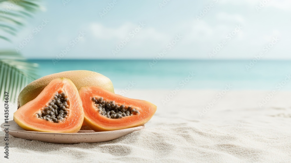 Two halves of fresh ripe papaya placed on a sandy plate against a stunning beach backdrop, emphasizing tropical vibes and health benefits of this exotic fruit. Two halves of fresh ripe papaya placed on a sandy plate against a stunning beach backdrop, emphasizing tropical vibes and health benefits of this exotic fruit.