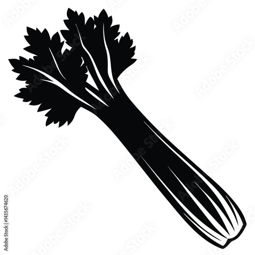  Black silhouette of a celery stalk on a white background