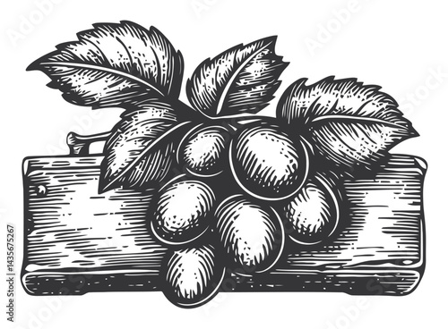 Vintage Woodcut Style Drawing of Grapes and Leaves on Wood