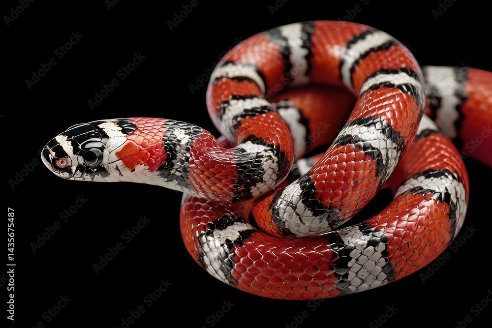 Naklejka premium Vibrant Juvenile Milk Snake: A Colorful Central Beauty with Striking Red, Black, and Bright Patterns