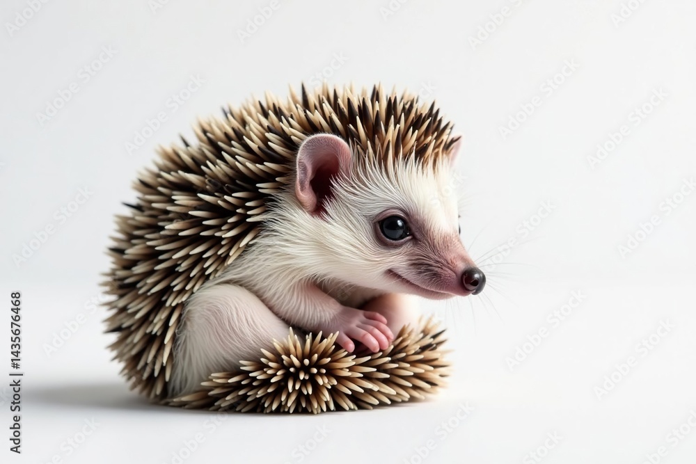 Obraz premium Tiny hedgehog, curled in a ball on white background, pattern, background