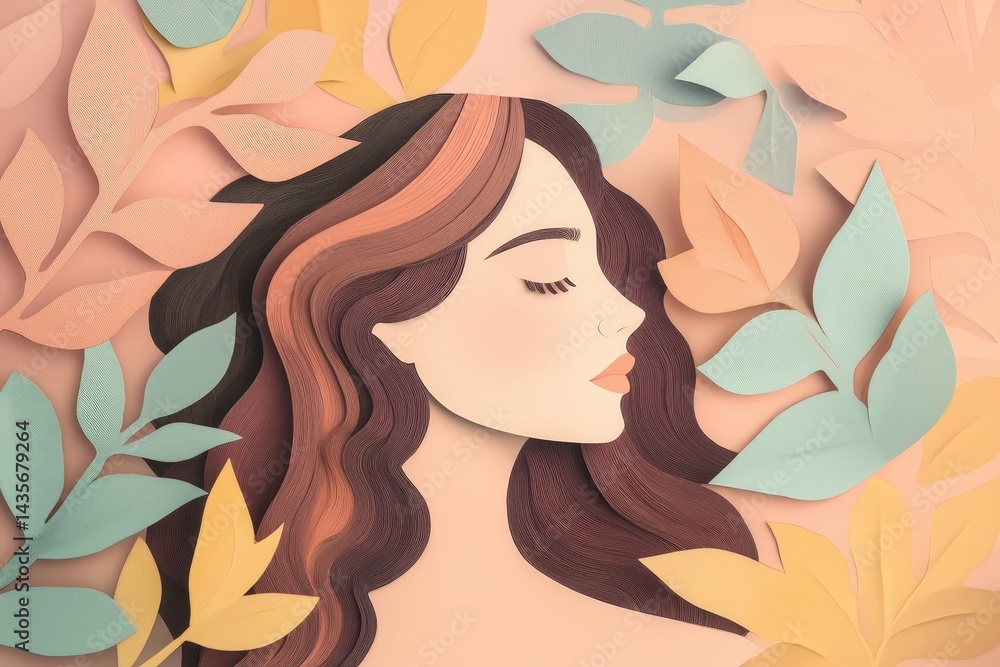 Elegant female profile, crafted from layered paper, surrounded by foliage. Elegant female profile, crafted from layered paper, surrounded by foliage.