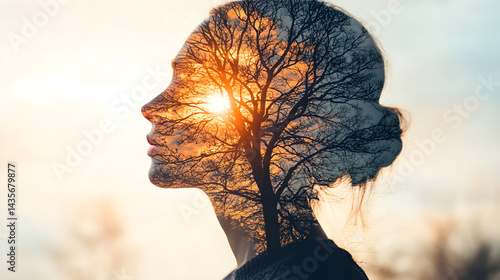 Double exposure image of a person in contemplation, superimposed with bare tree branches, conveying introspection and connection to nature, suitable for mental health or spiritual themes 