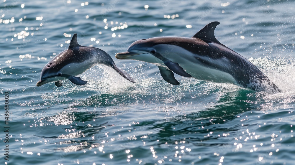 Fototapeta premium Captivating dolphins leaping together from the sparkling waters of the ocean