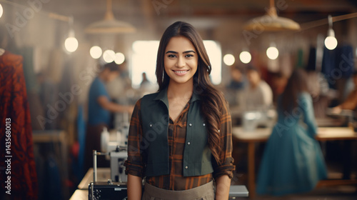 Indian female designer in traditional dress, showcasing elegant garment design, ideal for fashion branding or promotion.

 photo