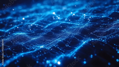 Deep blue cyber network background with bright flowing circuits and translucent glowing hexagons 