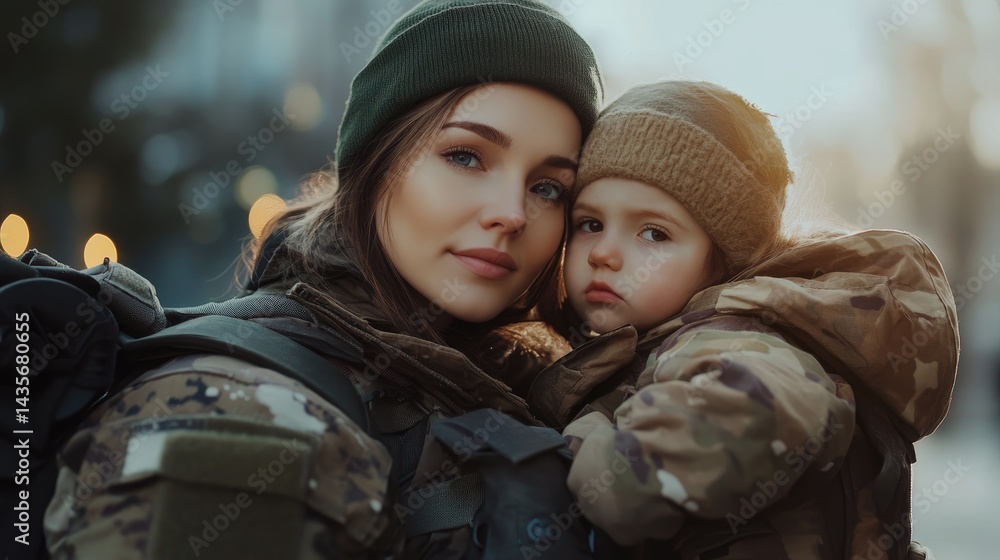 Fototapeta premium A soldier in camouflage uniform embraces a young child, who is joyfully hugging them back.