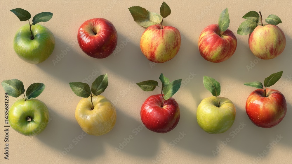 Overhead view of ten fresh apples of varying colors and shades, meticulously arranged on a beige background. Overhead view of ten fresh apples of varying colors and shades, meticulously arranged on a beige background.