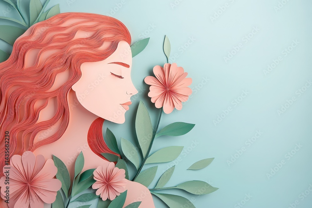 Delicate paper cut design of a woman surrounded by flowers. Delicate paper cut design of a woman surrounded by flowers.