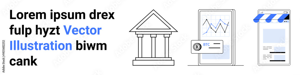 Bank building image, smartphone showing analytics, and e-commerce storefront graphic. Ideal for finance, banking, online business, payment systems, investment, fintech simple landing page Bank building image, smartphone showing analytics, and e-commerce storefront graphic. Ideal for finance, banking, online business, payment systems, investment, fintech simple landing page