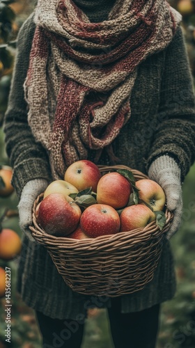 Person holding basket of apples, autumn attire.