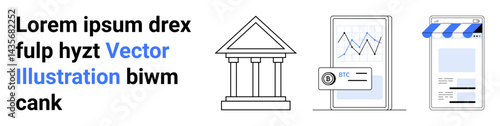 Bank building image, smartphone showing analytics, and e-commerce storefront graphic. Ideal for finance, banking, online business, payment systems, investment, fintech simple landing page
