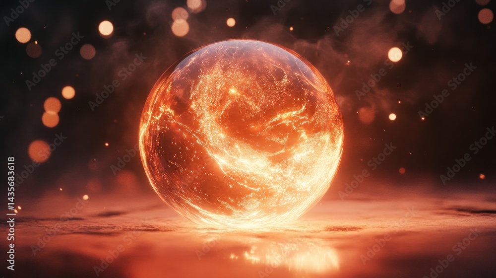 Fiery orb glowing on dark surface with bokeh lights. Fiery orb glowing on dark surface with bokeh lights.