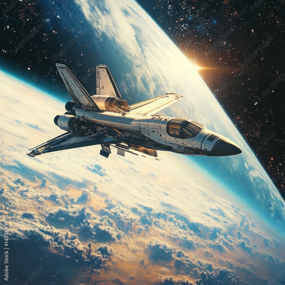 Futuristic spaceship flying above Earth's atmosphere during sunrise. Futuristic spaceship flying above Earth's atmosphere during sunrise.