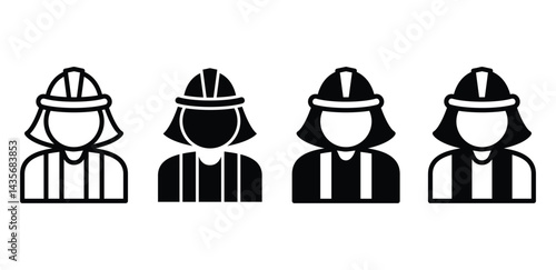 Firefighter Icons Set Simple Worker Profile Silhouettes Black and White Color Vector Design 