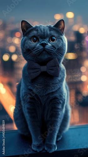 Gray cat, bow tie, city lights, nighttime.