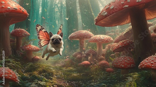 Flying dog, butterfly wings, mushroom forest.