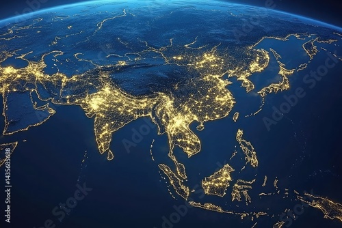 Nighttime view of Asia's city lights.  A detailed, high-altitude map shows the illuminated cities and towns across Asia and surrounding areas