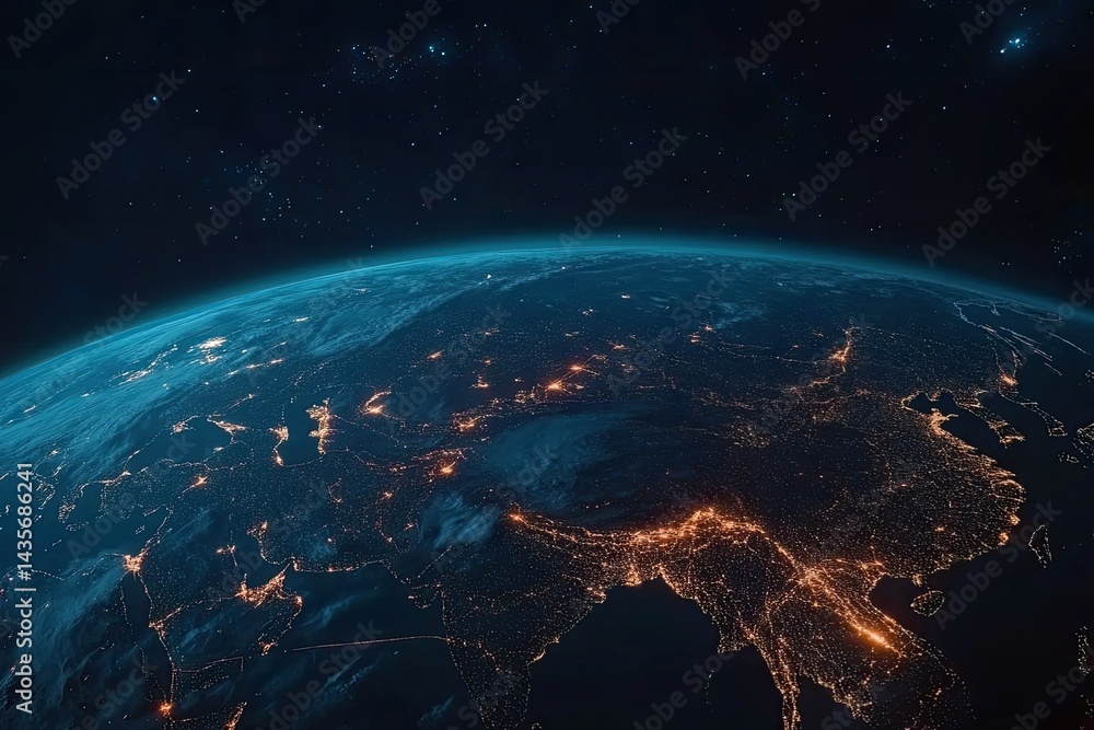 Fototapeta premium Earth at night, seen from space, with city lights illuminating continents