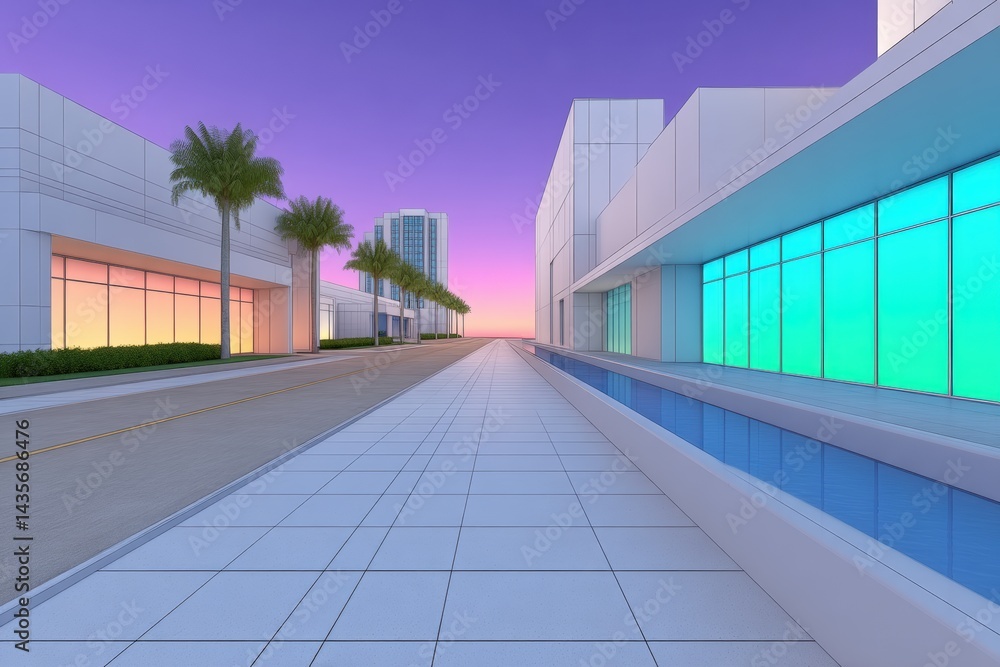 Fototapeta premium Urban pedestrian alley with pastel buildings and neon glass facades at twilight offering futuristic architectural corridor and vibrant dreamlike light atmosphere