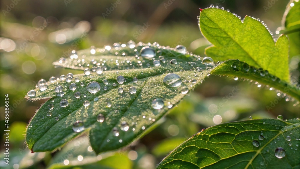Dew Drops on Green Leaves at Sunrise Dew Drops on Green Leaves at Sunrise