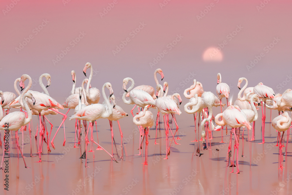 Greater Flamingo, Phoenicopterus ruber, beautiful pink big bird with long neck in a pink water, with evening sun. Flamingo, wildlife.