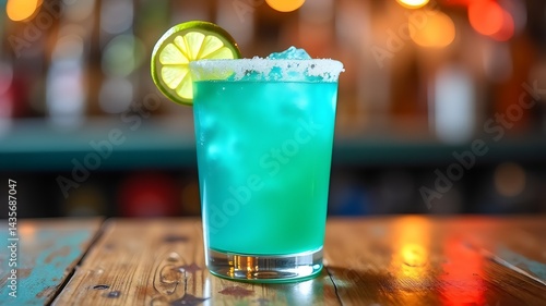 Colorful Turquoise Margarita Glass with Lime Garnish on Rustic Wooden Table 
