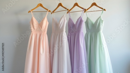 Elegant Pastel Chiffon and Satin Dresses on Gold Rack Against Grey Background 