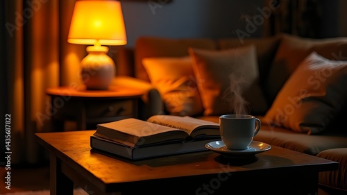 Glowing Amber Lamp with Books and Coffee Cup on Wooden Table in Cozy Living Room at Night 