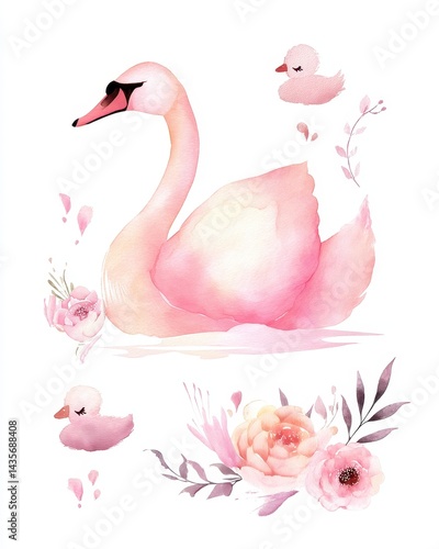 Fototapeta Naklejka Na Ścianę i Meble -  Charming Watercolor Swan: Delightful Baby Shower Girl Invitation with Cute Cartoon Elements and Pink Birthday Illustrations
