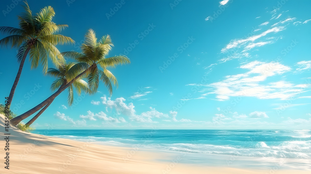 Fototapeta premium Tropical beach scene with palm trees and clear blue sky.