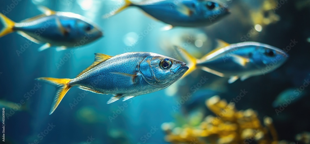 Naklejka premium School of fish swimming underwater blue and yellow fish marine life