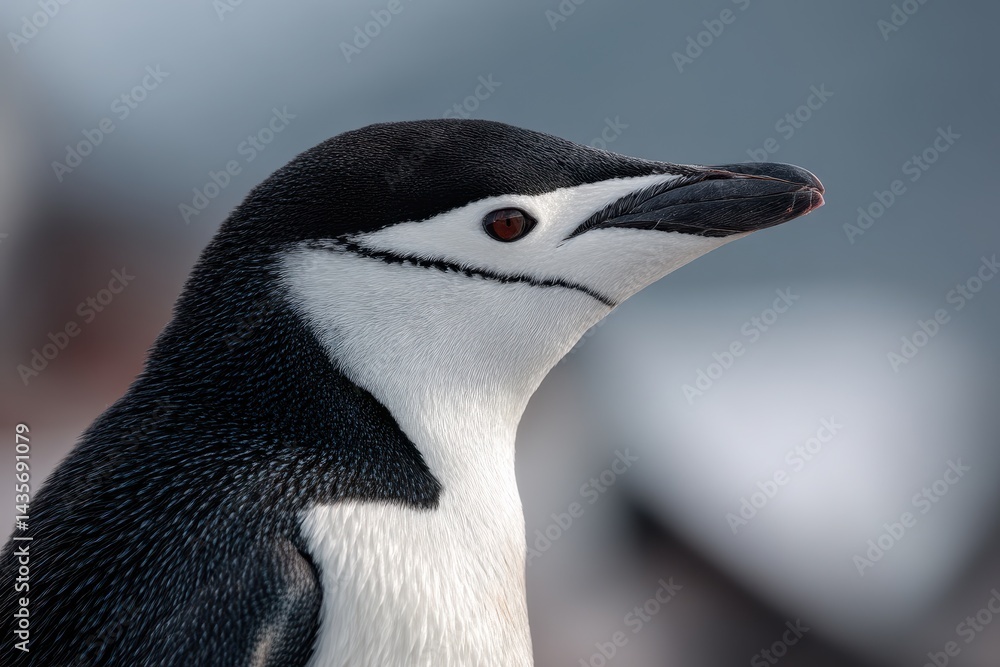Naklejka premium Chinstrap Penguin in Stunning Antarctic Landscape: A Majestic Bird with Distinctive Flippers and Beak