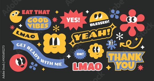 Collection of retro trendy y2k style cartoon stickers, badges, patchs with slang words.