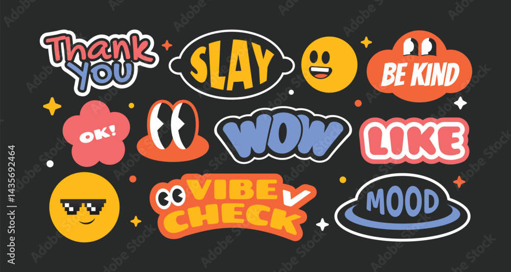 Collection of retro trendy y2k style cartoon stickers, badges, patchs with slang words. Collection of retro trendy y2k style cartoon stickers, badges, patchs with slang words.