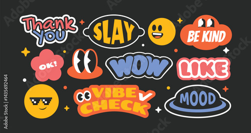 Collection of retro trendy y2k style cartoon stickers, badges, patchs with slang words.