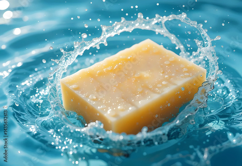  Beautifully Crafted Soap Bar Surrounded By a Gentle Water Splash As If It's Just Been Dropped Into Water, Product Photography Studio shot