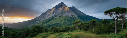 Wallpaper Mural Majestic Mountain Peak at Sunset: A breathtaking view of a majestic mountain peak as the sun sets, casting a warm golden light on its slopes, with lush green forests at the foot of the mountain. Torontodigital.ca