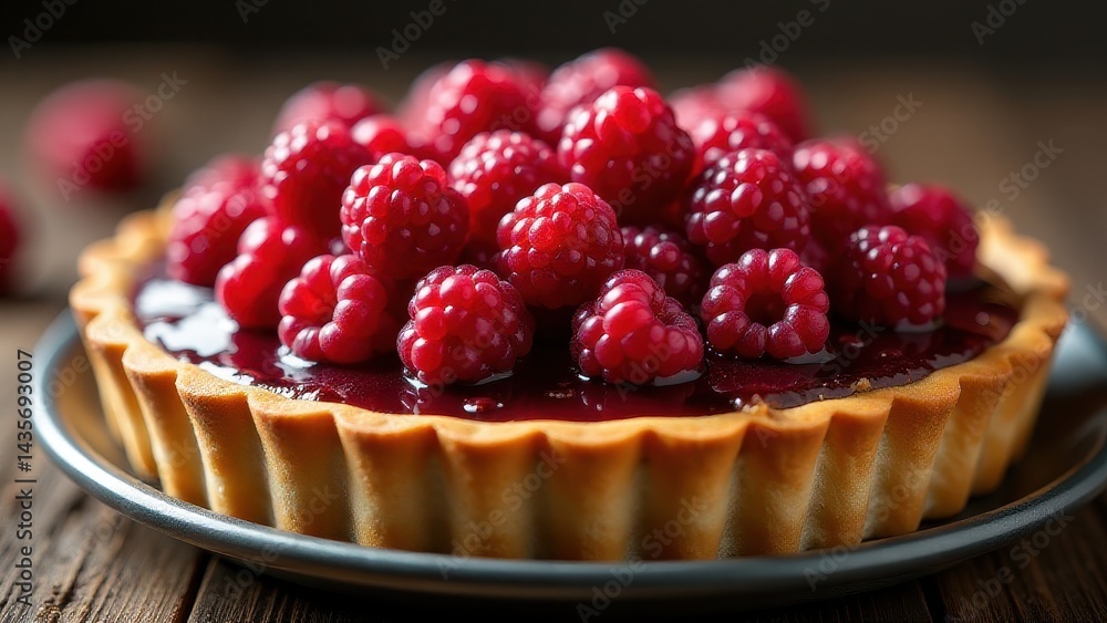A fresh raspberry tart with a golden crust is displayed on a wooden table A fresh raspberry tart with a golden crust is displayed on a wooden table