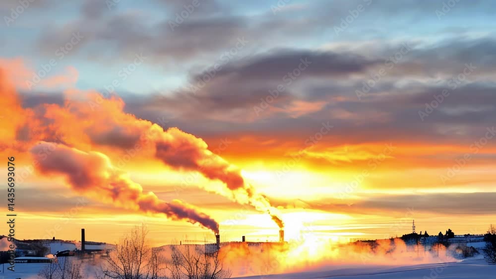 Vibrant sunset over industrial landscape with smoke clouds. Vibrant sunset over industrial landscape with smoke clouds.