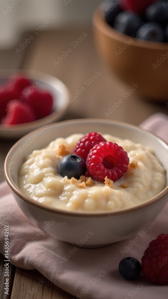 Bowl of creamy pudding topped with fresh raspberries and blueberries on a wooden table setting Bowl of creamy pudding topped with fresh raspberries and blueberries on a wooden table setting