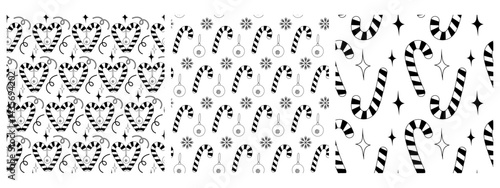 Striped Candy Cane Heart shaped and Christmas decorations Seamless Patterns winter Holidays fond Set