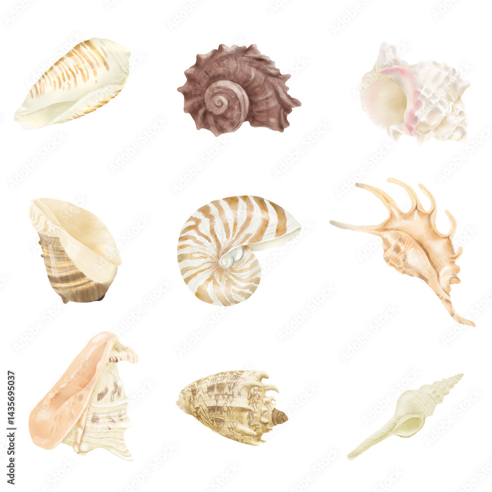 Oceanic shells of moluska murex, lambis, nautilus. Watercolor illustration. Spiral oceanic shells of the underwater world, isolated on a white background. For marine design and marine-style interior Oceanic shells of moluska murex, lambis, nautilus. Watercolor illustration. Spiral oceanic shells of the underwater world, isolated on a white background. For marine design and marine-style interior